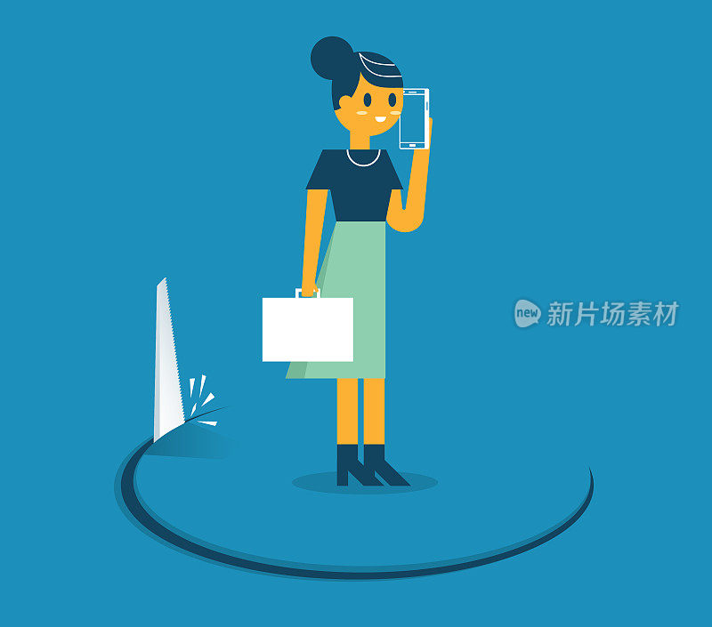 Businesswoman Stands on hole cut by a saw